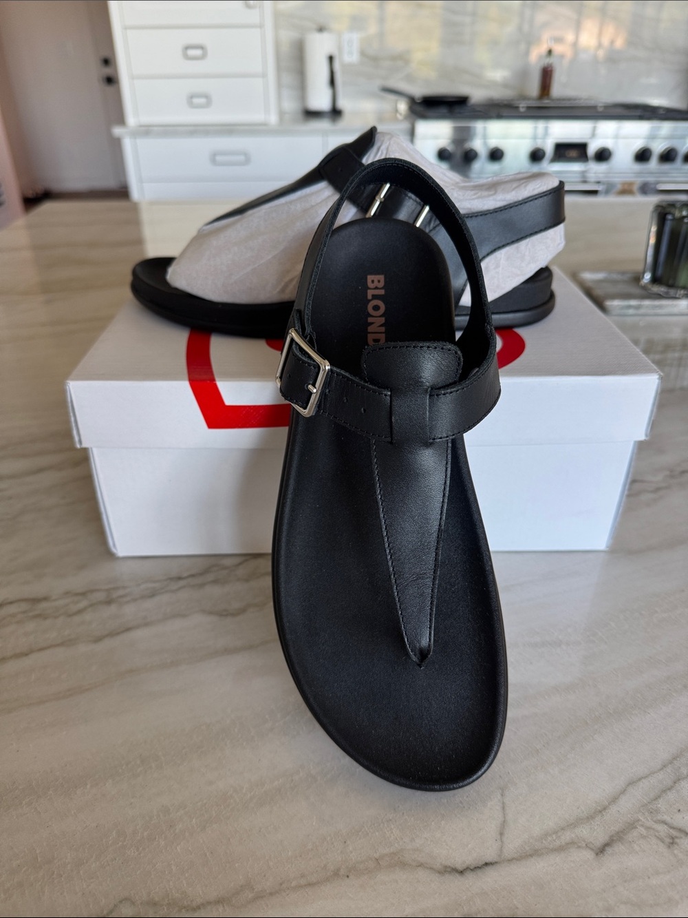 Blondo “NELLI” Black Leather Slingback Thong Sandal with Buckle - NEW!!!!!